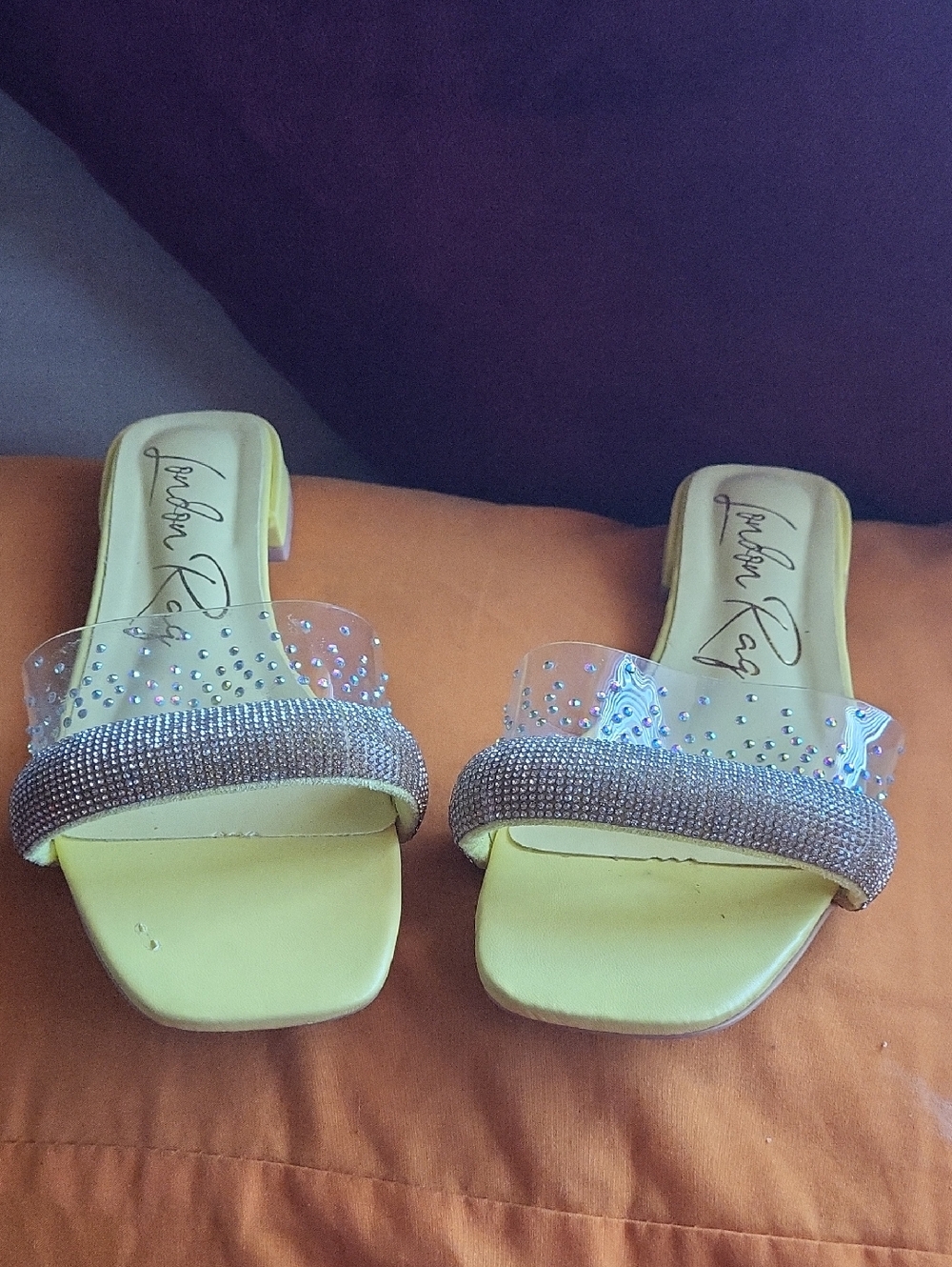 London Rag Old Flame Low Stack Heel Rhinestone Clear Strap Slide Mules